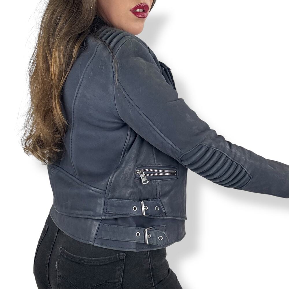 THE KOOPLES blue lamb leather motorcycle biker jacket - Picture 9 of 16